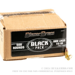 500 Rounds of 9mm Ammo by Blazer Brass Black - 115gr FMJ