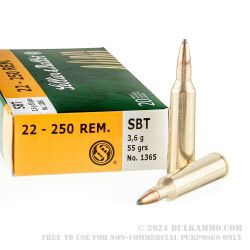 20 Rounds of .22-250 Rem Ammo by Sellier & Bellot - 55gr Sierra Gameking SBT