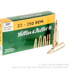 20 Rounds of .22-250 Rem Ammo by Sellier & Bellot - 55gr Sierra Gameking SBT