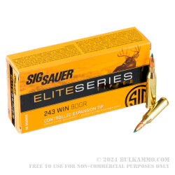 20 Rounds of .243 Win Ammo by Sig Sauer Elite Hunter - 90gr Controlled Expansion Tip