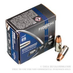 25 Rounds of 9mm Ammo by Fiocchi - 147gr JHP