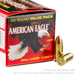 100 Rounds of 9mm Ammo by Federal American Eagle - 115gr FMJ
