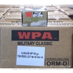 750 Rounds of 5.45x39mm Ammo by Wolf - 55gr HP