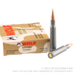 500 Rounds of 30-06 Springfield Ammo by Wolf - 145gr FMJ