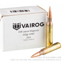 20 Rounds of .338 Lapua Magnum Ammo by Vairog - 250gr HPBT MatchKing