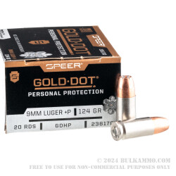 500 Rounds of 9mm +P Ammo by Speer Gold Dot - 124gr JHP