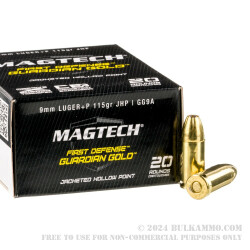 20 Rounds of +P 9mm Ammo by Magtech Guardian Gold - 115gr JHP