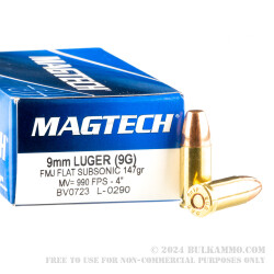 50 Rounds of 9mm Subsonic Ammo by Magtech - 147gr FMJ FN