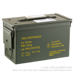 1000 Rounds of 9mm Ammo by Prvi Partizan Rangemaster in Ammo Can - 124gr FMJ