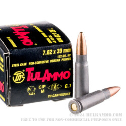 20 Rounds of 7.62x39mm Ammo by Tula - 122gr HP