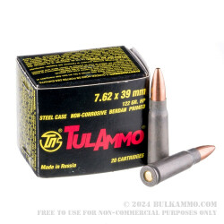 20 Rounds of 7.62x39mm Ammo by Tula - 122gr HP