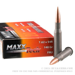 500 Rounds of 7.62x54r Ammo by MAXXTech Essential Steel - 148gr FMJ