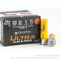 250 Rounds of 20ga 2-3/4" Ammo by Federal - 1 ounce #7 1/2 shot