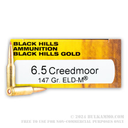 20 Rounds of 6.5 Creedmoor Ammo by Black Hills Gold - 147gr ELD Match
