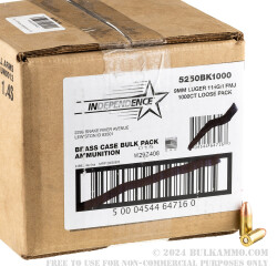 1000 Rounds of 9mm Ammo by Independence Bulk Pack - 115gr FMJ