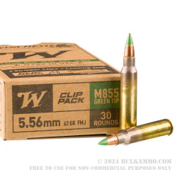 30 Rounds of 5.56x45 Ammo by Winchester - 62gr FMJ M855 on Stripper Clips With Loader