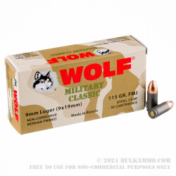 800 Rounds of 9mm Ammo by Wolf Military Classic - 115gr FMJ