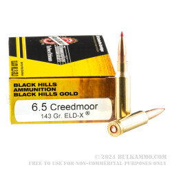 20 Rounds of 6.5 Creedmoor Ammo by Black Hills Ammunition Gold - 143gr ELD-X