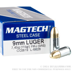 50 Rounds of 9mm Ammo by Magtech Steel - 115gr FMJ **STEEL CASES**