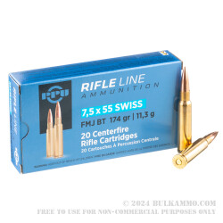 20 Rounds of 7.5x55mm Swiss Ammo by Prvi Partizan - 174gr FMJBT