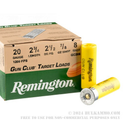 250 Rounds of 20ga Ammo by Remington Gun Club - 7/8 ounce #8 shot