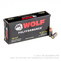 50 Rounds of .380 ACP Ammo by Wolf WPA Polyformance - 94gr FMJ