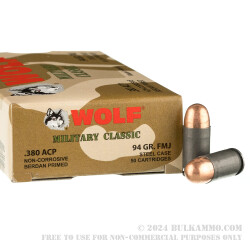 50 Rounds of .380 ACP Ammo by Wolf - 94gr FMJ