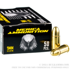 50 Rounds of 9mm Ammo by Merica - 124gr FMJ