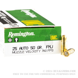 500 Rounds of .25 ACP Ammo by Remington - 50gr MC