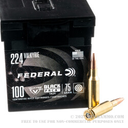 100 Rounds of .224 Valkyrie Ammo by Federal Black Pack - 75gr TMJ