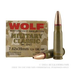 20 Rounds of 7.62x39mm Ammo by Wolf - 124gr HP
