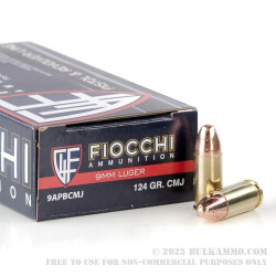 50 Rounds of 9mm Ammo by Fiocchi - 124gr CMJ
