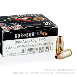 20 Rounds of .380 ACP Ammo by Corbon - 80gr DPX