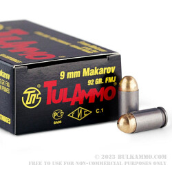 50 Rounds of 9x18mm Makarov Ammo by Tula - 92gr FMJ