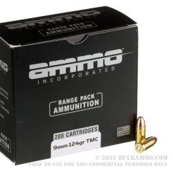 200 Rounds of 9mm Ammo by Ammo Inc. - 124gr TMJ