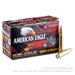 250 Rounds of .223 Ammo by Federal American Eagle Varmint & Predator - 50gr JHP
