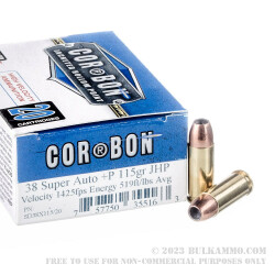 20 Rounds of .38 Super + P Ammo by Corbon - 115gr JHP