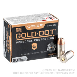 20 Rounds of .45 ACP Ammo by Speer - 185gr JHP