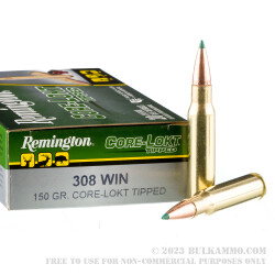 20 Rounds of .308 Win Ammo by Remington Core-Lokt Tipped - 150gr Polymer Tipped
