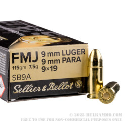 1000 Rounds of 9mm Ammo by Sellier & Bellot - 115gr FMJ
