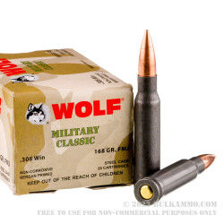 500 Rounds of .308 Winchester Ammo by Wolf Military Classic - 168gr FMJ