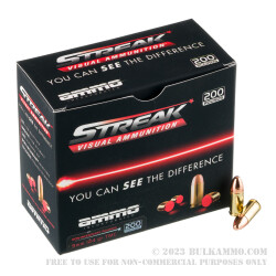200 Rounds of 9mm Ammo by Ammo Inc. Streak - 124gr TMJ Non-Incendiary Visual Tracer
