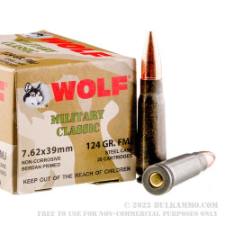 1000 Rounds of 7.62x39mm Ammo by Wolf WPA Military Classic - 124gr FMJ