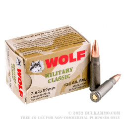 1000 Rounds of 7.62x39mm Ammo by Wolf WPA Military Classic - 124gr FMJ