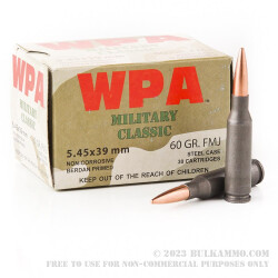 30 Rounds of 5.45x39mm Ammo by Wolf WPA Military Classic - 60gr FMJ
