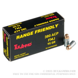 50 Rounds of .380 ACP Ammo by Tula - 95gr FMJ *NONMAGNETIC*