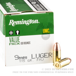 100 Rounds of 9mm Ammo by Remington - 115gr MC