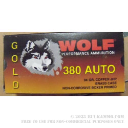 380 Auto 94 gr JHP Wolf Gold Ammo For Sale!