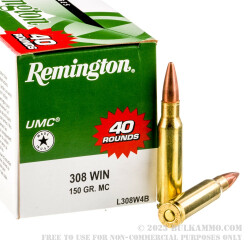40 Rounds of .308 Win Ammo by Remington - 150gr MC