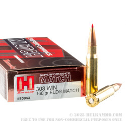 20 Rounds of .308 Win Ammo by Hornady Superformance Match - 168gr ELD Match